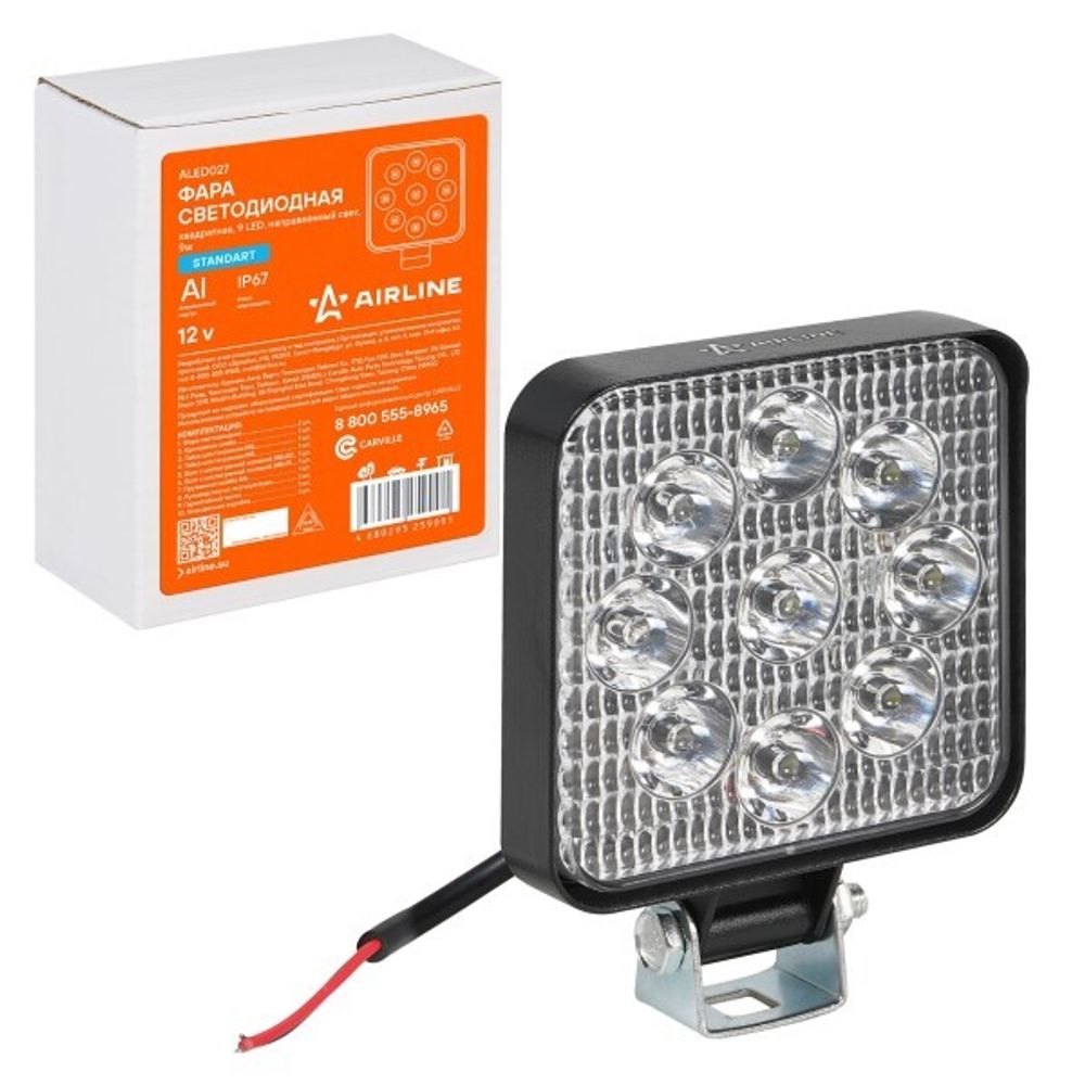 Фара светодиодная дополнительная 9 LED 9W 12V (квадрат) 83*83*22 направленный свет, STANDART (AIRLINE)