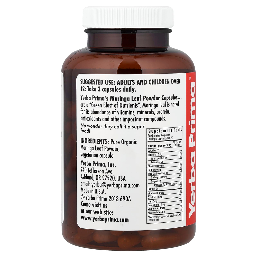 Yerba Prima, моринга в капсулах, 180 растительных капсул
