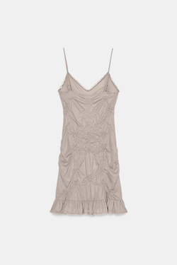 ZARA КОРОТКОЕ ПЛАТЬЕ СО СБОРКАМИ И КРУЖЕВОМ, СЕРОВАТО-КОРИЧНЕВЫЙ