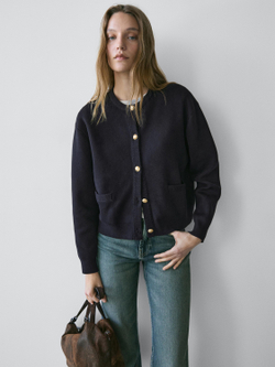 Massimo Dutti Кардиган из хлопкового трикотажа с золотистыми пуговицами, темно-синий