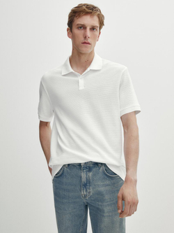 Massimo Dutti Хлопковая футболка-поло с короткими рукавами, натуральный