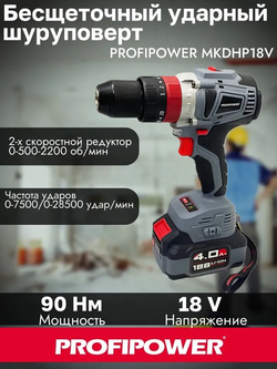 Аккумуляторный бесщеточный шуруповерт 18V 90Нм 2х4AH CASE PROFIPOWER