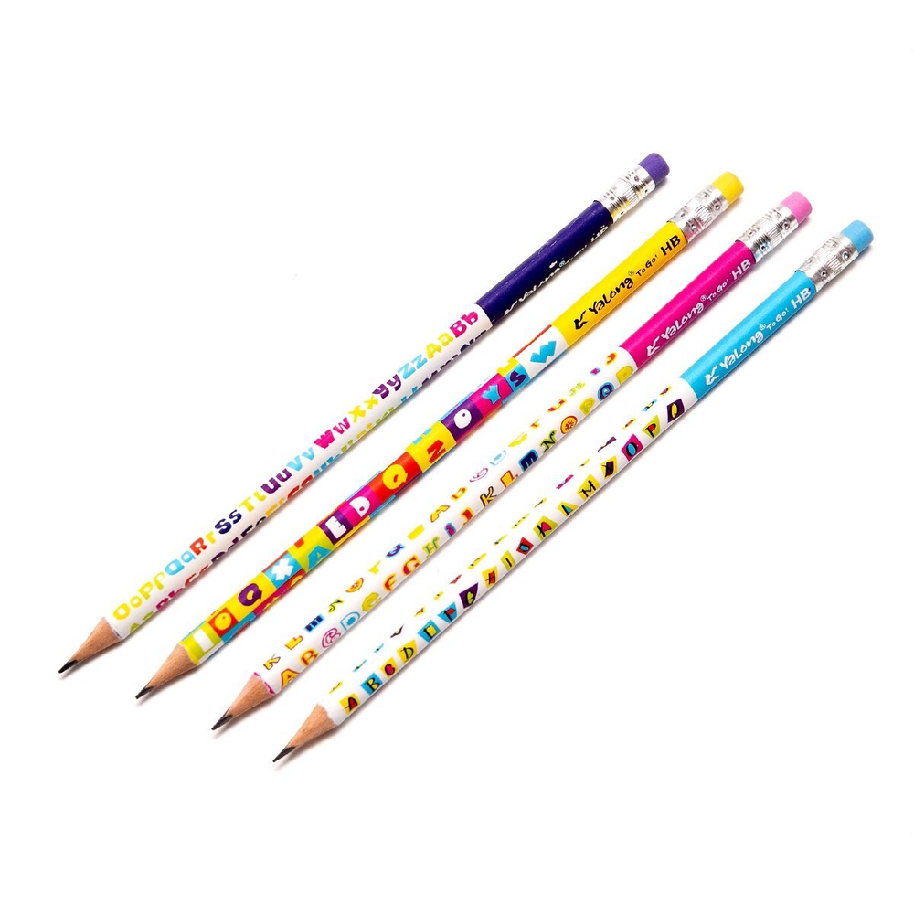 Набор ч/г карандашей, Yalong HB, "Английский алфавит", дерево, с ластиком, трехгранный, заточенный, цветной корпус с рисунком, 12 шт/уп, европодвес