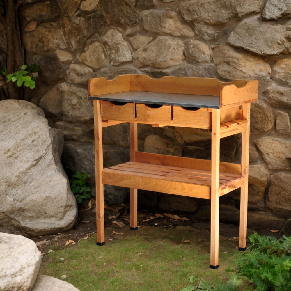 Садовый стол с цинковой столешницей и выдвижными ящиками для пересадки растений и цветов