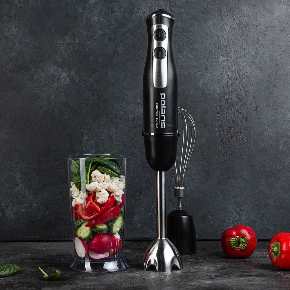 Блендер погружной 1000 Вт, 2 скор, стакан,венчик,измельчитель, Polaris, PHB 1065, чер