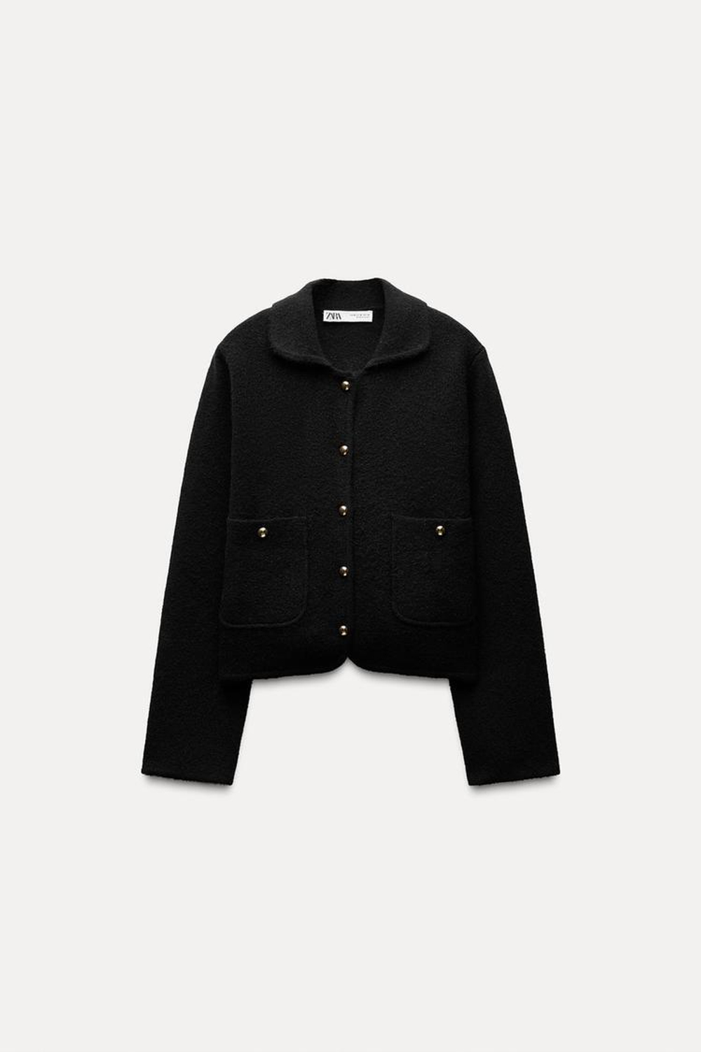 ZARA ОДНОТОННЫЙ КАРДИГАН С ВОРОТНИКОМ ПОЛО, ЧЕРНЫЙ