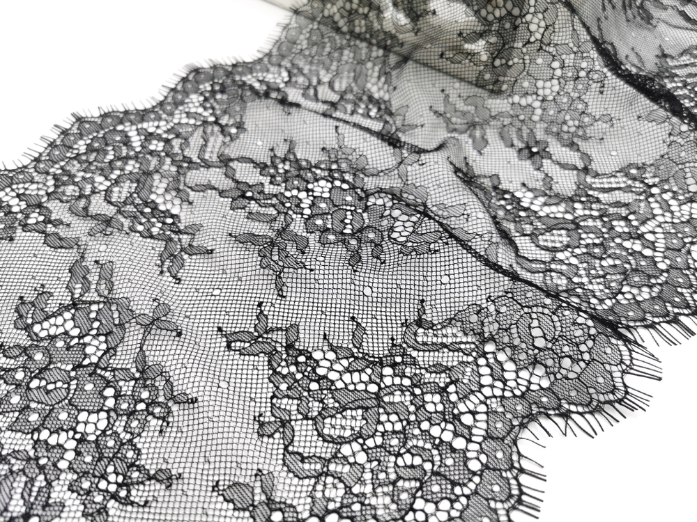 Кружево шантильи, с ресничками, черное, 23 см, купон, SK-2401, купон (3м)