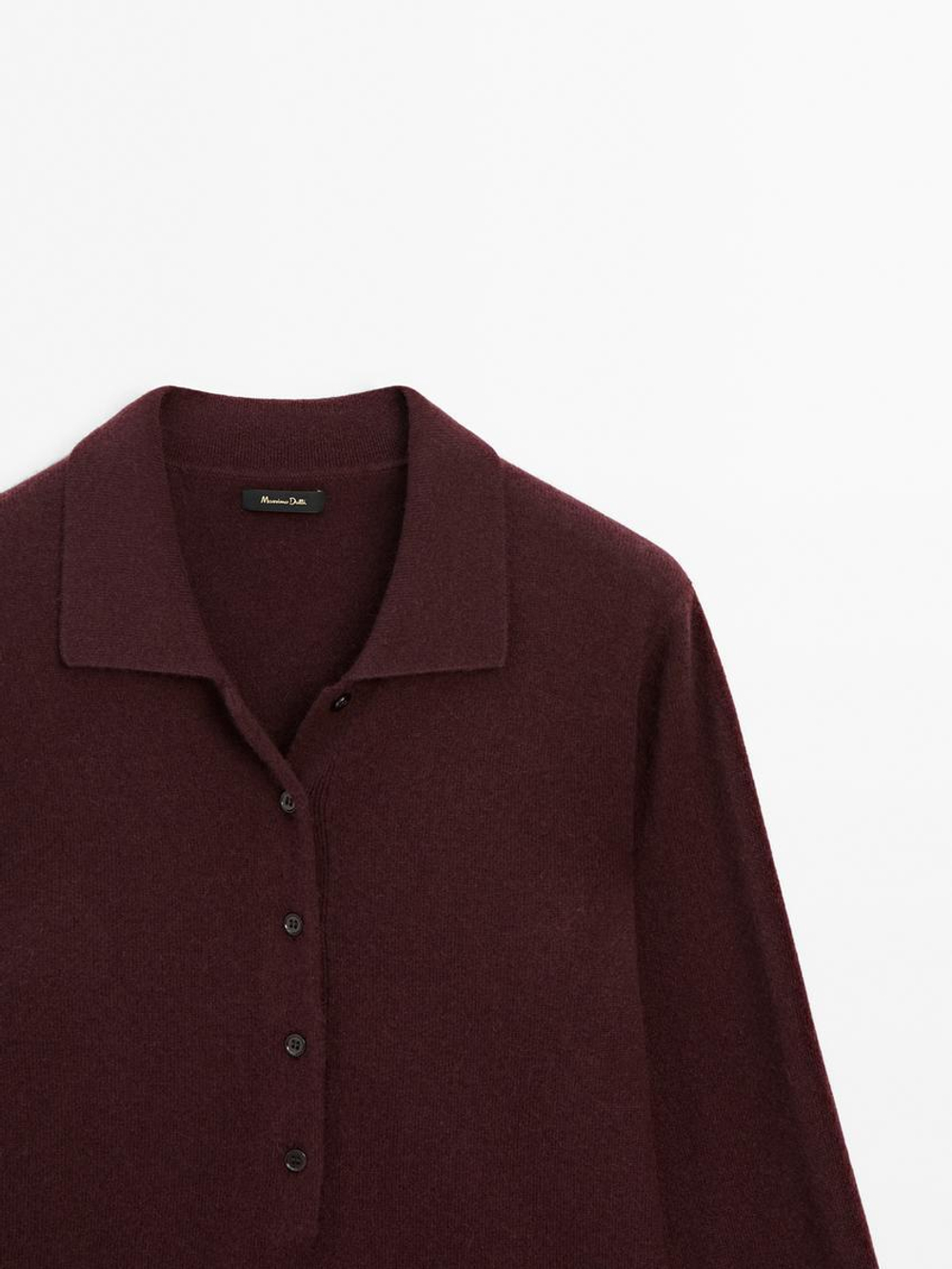 Massimo Dutti Трикотажный свитер поло из 100% кашемира, гранатовый