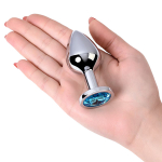 Серебристая коническая анальная пробка 8см с голубым кристаллом ToyFa Metal 717002-14