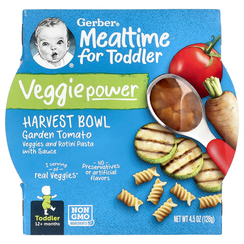 Gerber, Mealtime For Toddler, Veggie Power, миска для сбора урожая, для детей от 12 месяцев, овощные томаты и паста ротини с соусом, 128 г (4,5 унции)