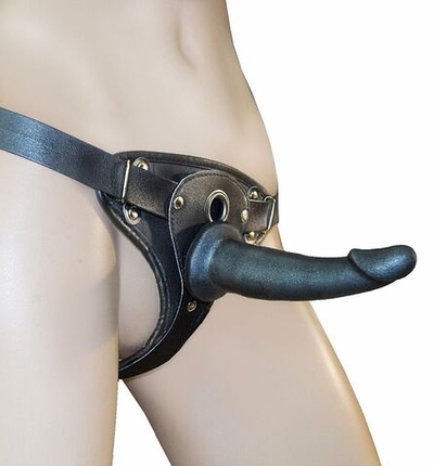 Кожаный пояс харнесс WOMAN LONG премиум класса с 3 насадками (Цвет: телесный с черным)