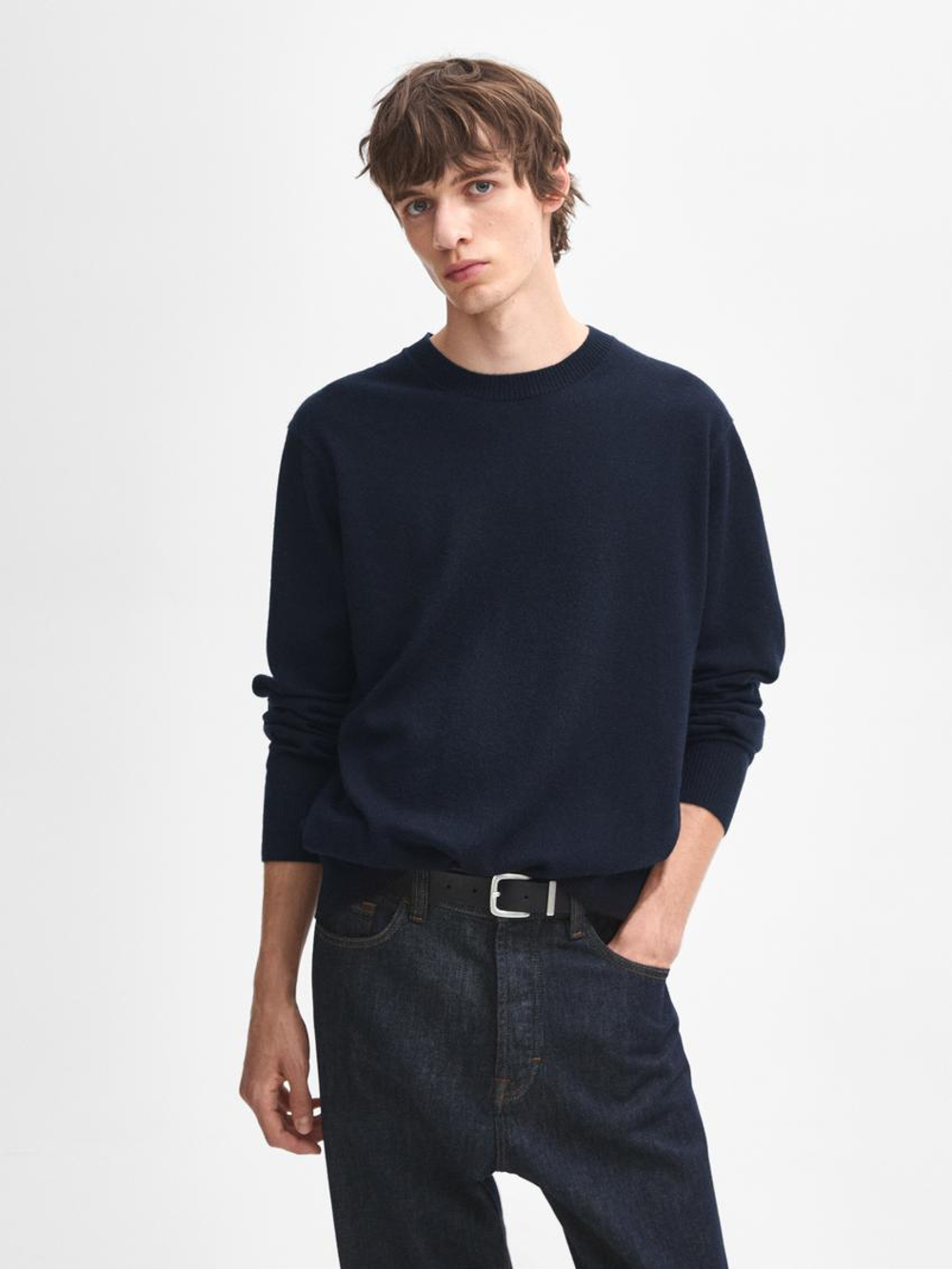 Massimo Dutti Джемпер из 100% кашемира с круглым вырезом, темно-синий