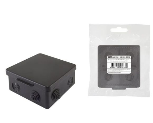 Распаечная коробка TDM ОП 80x80x50мм, крышка, IP54, 7 входов, черная, индивидуальный штрихкод SQ1401-0912