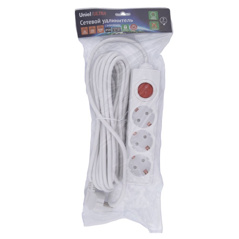 S-GCU3-7B WHITE Удлинитель серии Ultra. шнур 7м.. 3 гнезда. 16A. с-з. Белый. TM Uniel