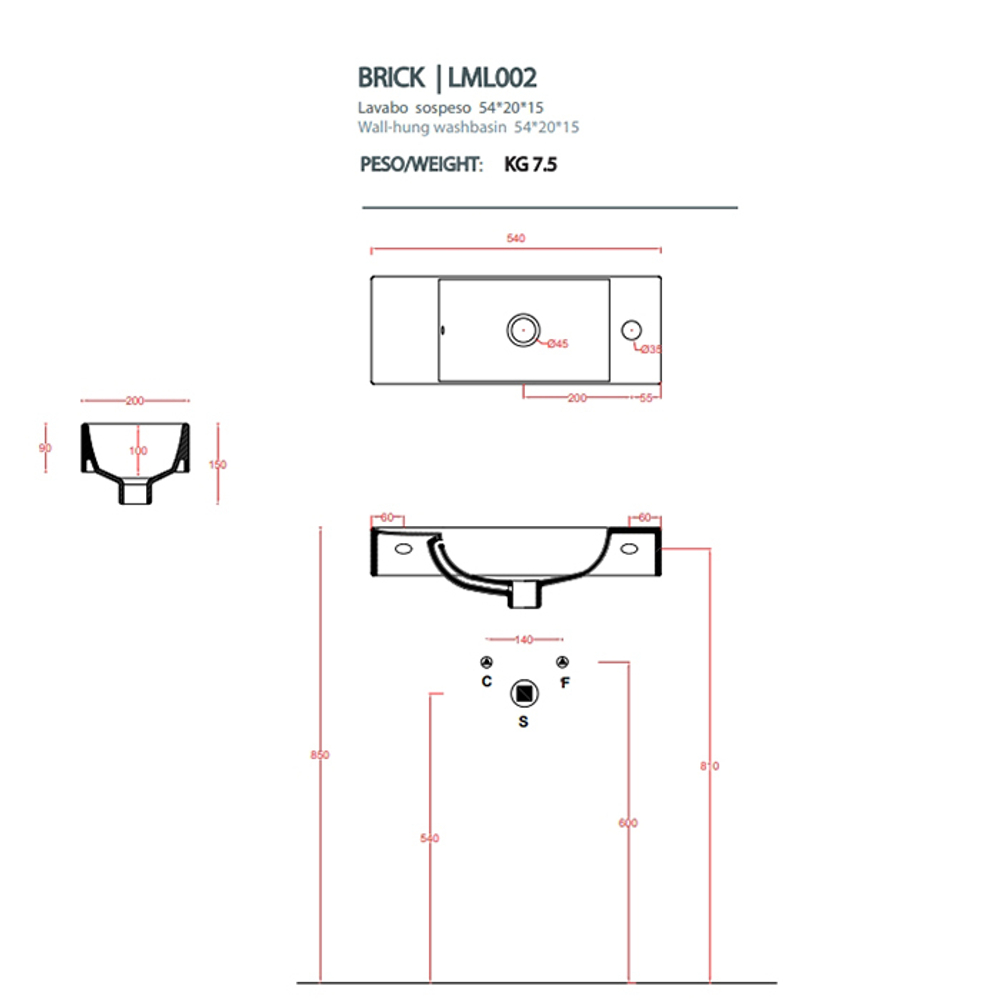 Раковина Artceram Lavamani Brick LML002 01 00 54 см