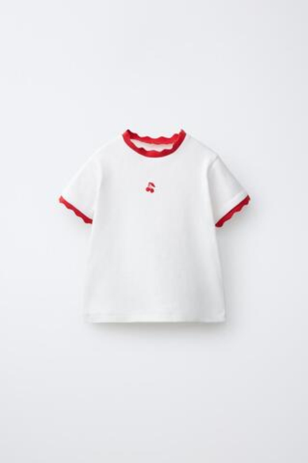 ZARA ФУТБОЛКА В РУБЧИК С КОНТРАСТНОЙ ОТДЕЛКОЙ И ВЫШИВКОЙ, КРАСНЫЙ