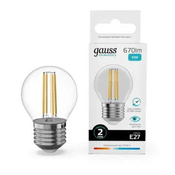 Лампа Шар 10W 670lm 4100К Е27 LED 52220 Filament Elementary Gauss