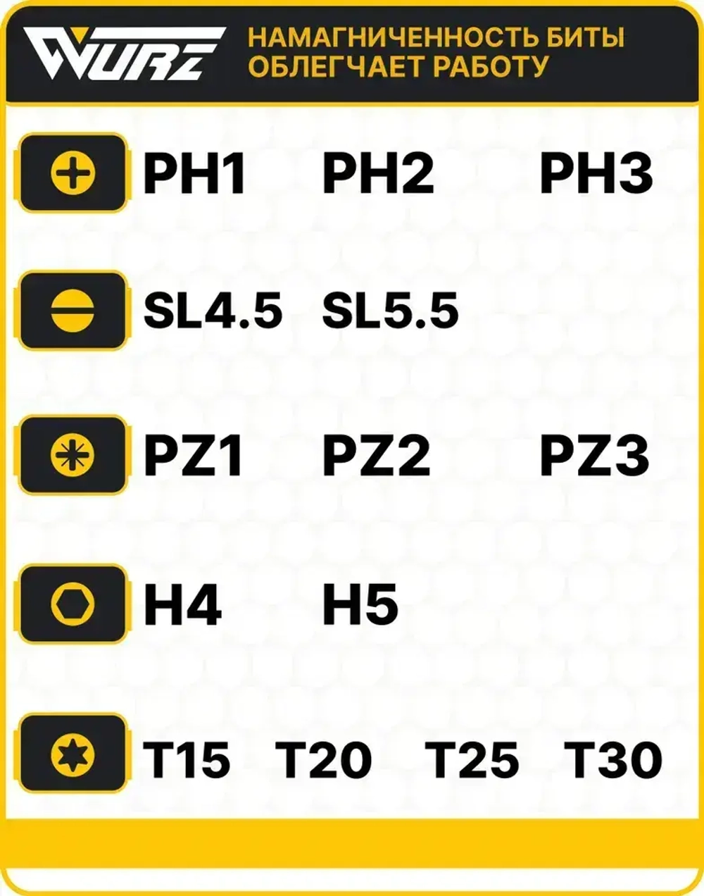 Набор двусторонних бит 65мм S3 10шт. WURZ 4202