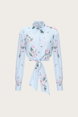 Блуза из голубой вискозы с авторским принтом и люрексной нитью
