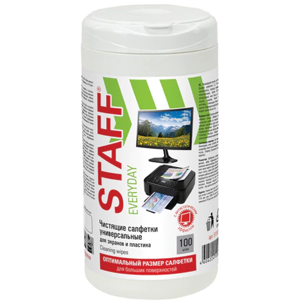 Салфетки для экранов всех типов и пластика универсальные STAFF "EVERYDAY", туба 100 шт., влажные
