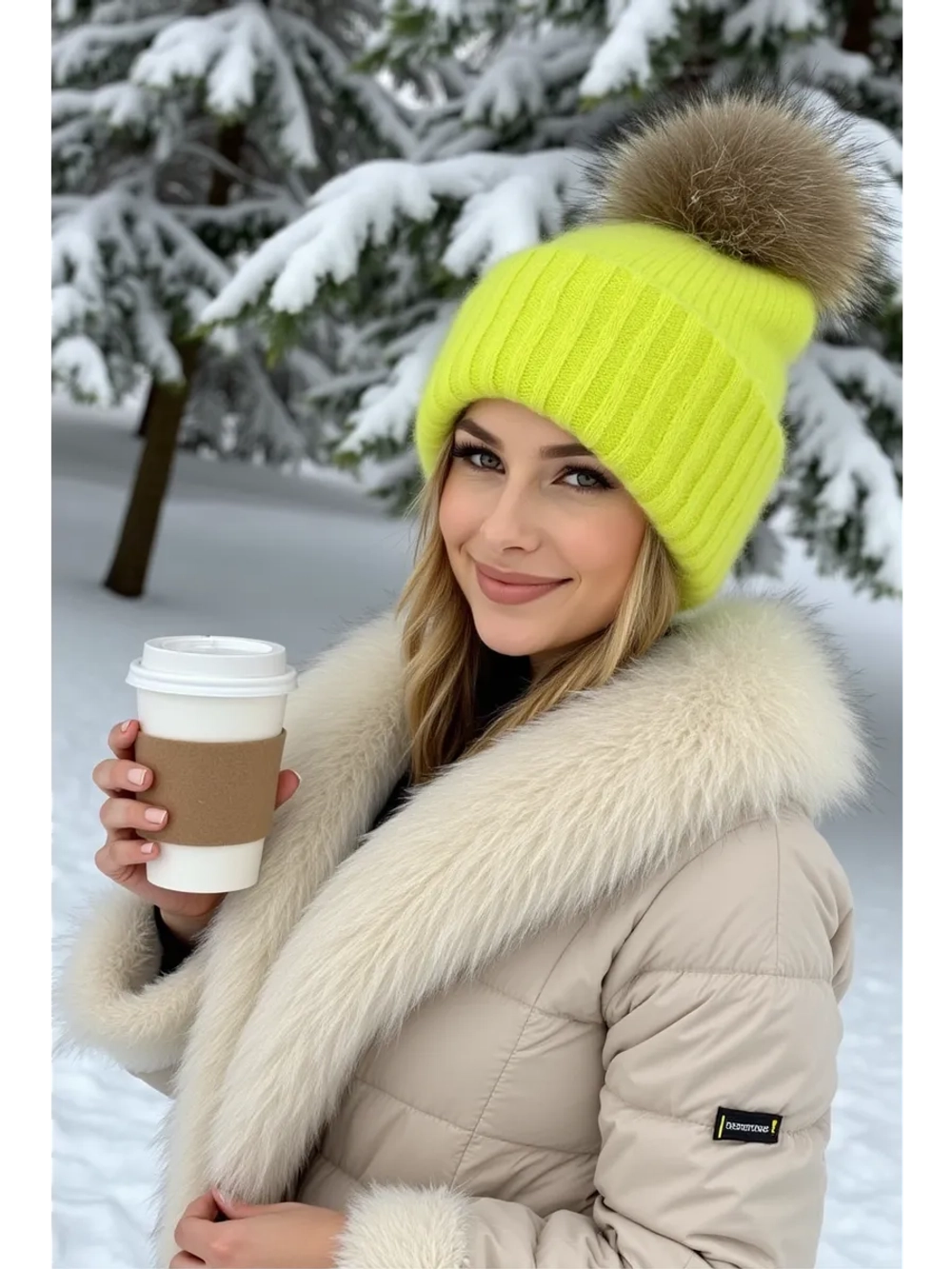 шапка ангора с меховым помпоном зимняя пушистая стильная