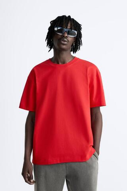 ZARA БАЗОВАЯ ФУТБОЛКА ИЗ ПЛОТНОГО ТРИКОТАЖА, КРАСНЫЙ