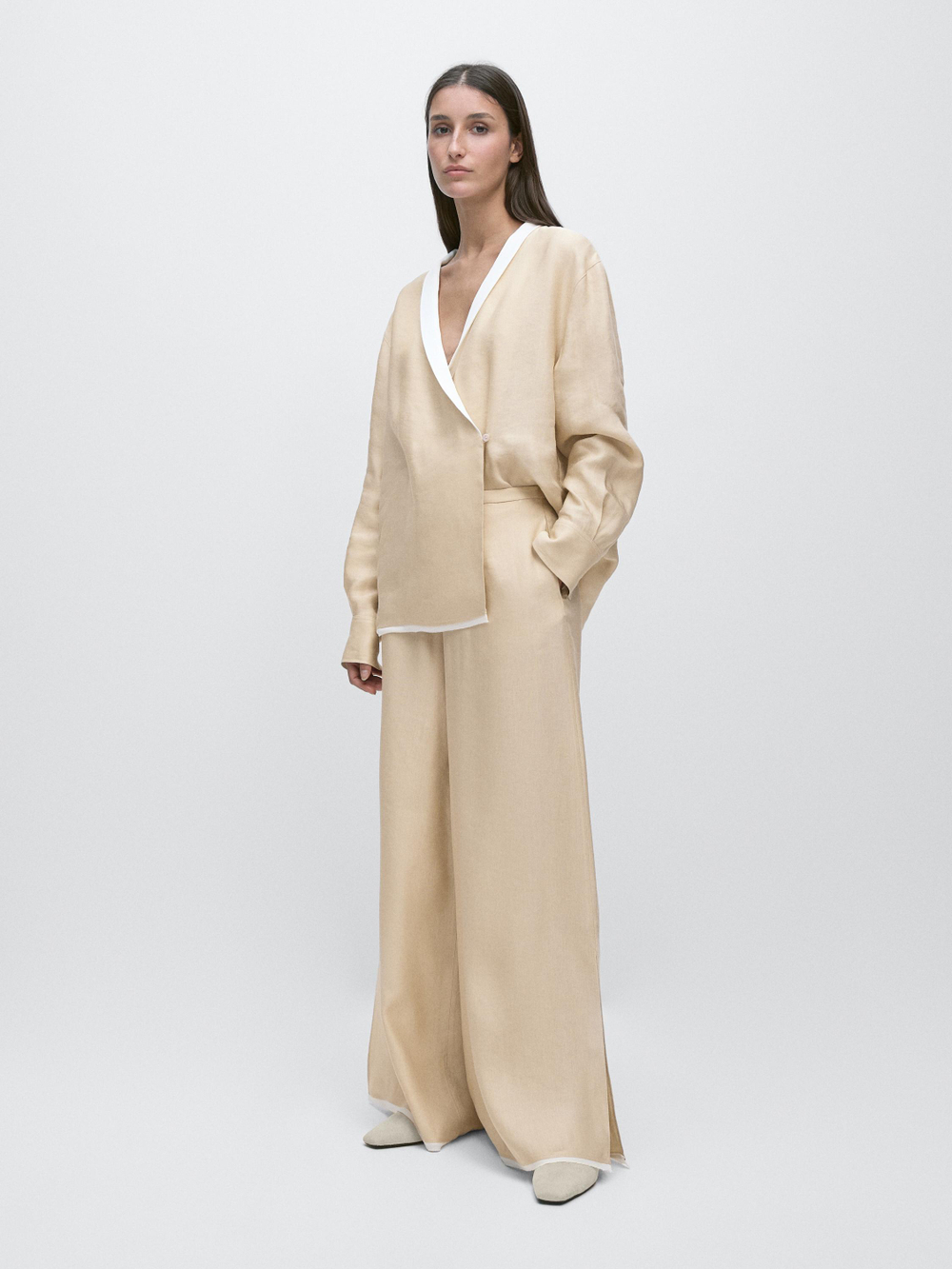 Massimo Dutti Брюки прямого кроя из контрастной льняной смеси, бежевый