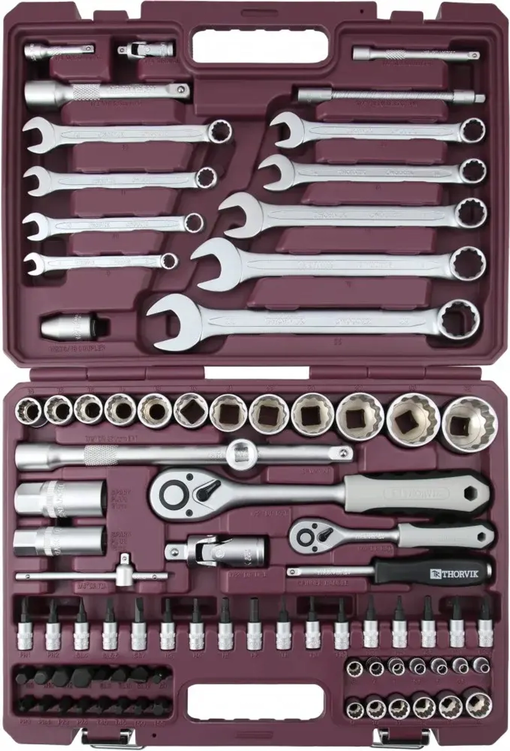 Thorvik TS082/12 Набор инструмента универсальный 1/4", 1/2"DR с головками торцевыми 12-гранными, 82 предмета