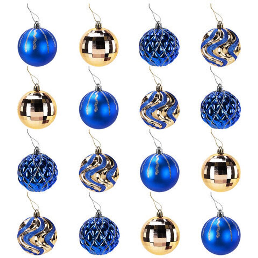 Шары елочные 16 шт., 8 см, "Blue&Gold", пластик, золото/синий, ЗОЛОТАЯ СКАЗКА, 592454