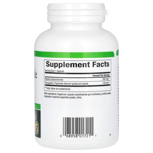 Natural Factors, бетаина гидрохлорид с пажитником, 500 мг, 180 вегетарианских капсул