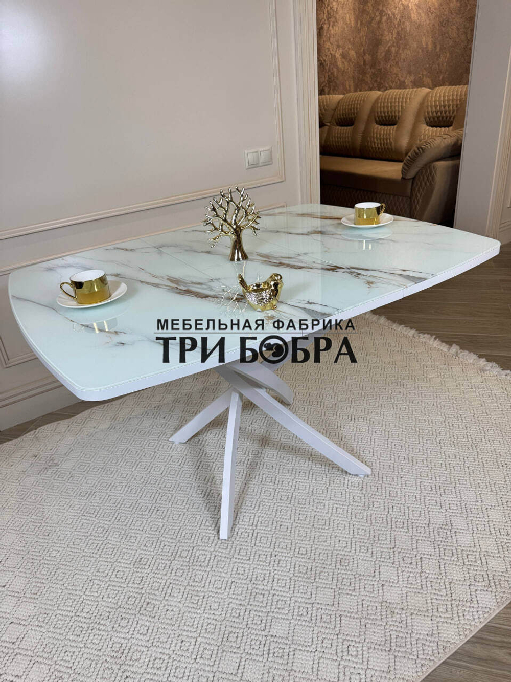 Кухонный раздвижной стол "Танго", белый мрамор