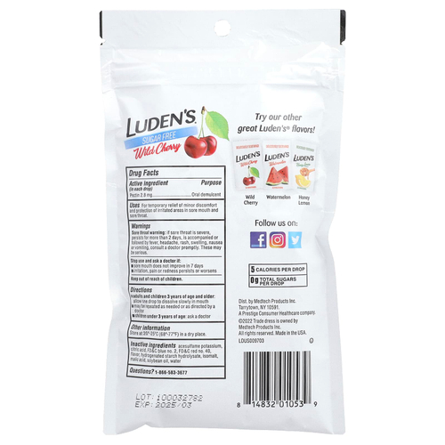 Luden's, пектиновая пастилка/смягчающее средство для полости рта, без сахара, дикая вишня, 25 капель для горла