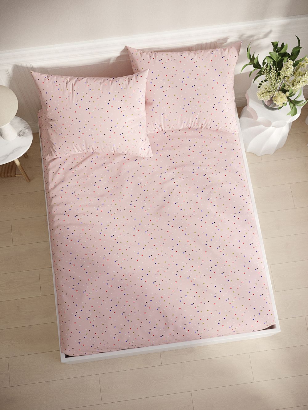 Постельное белье перкаль Сказка "Сердечки" евро Наволочка 50х70 см 2 шт Простынь на резинке 180x200 см Пододеяльник 200x215 см