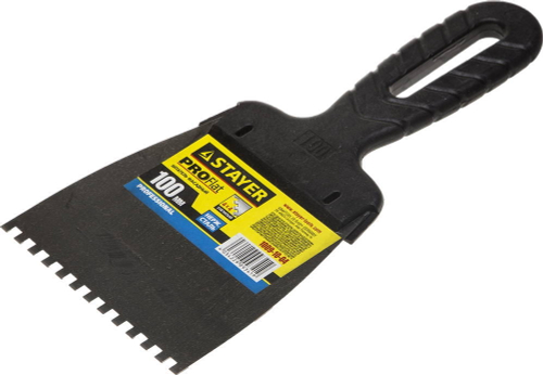 Шпатель STAYER ″PROFESSIONAL″ нержавеющий зубчатый с пластмассовой ручкой, 100мм, зуб 4х4мм