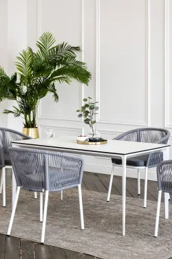 "Малага" обеденная группа на 4 персоны со стульями "Марсель", каркас белый, роуп светло-серый