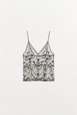 ZARA ТОП С БУСИНАМИ И ПАЙЕТКАМИ, СЕРЕБРИСТЫЙ