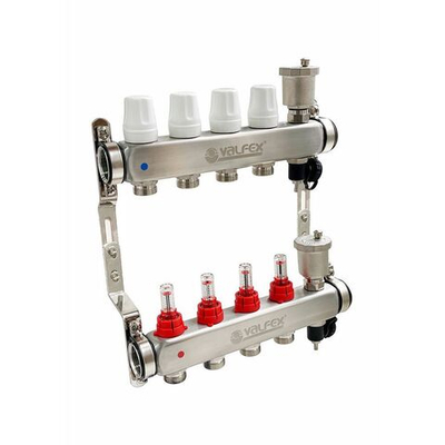 Коллекторная группа в сборе 1" х 6 вых. Евроконус 3/4" с расходомерами нерж сталь для теплого пола VALFEX VF.586.0606