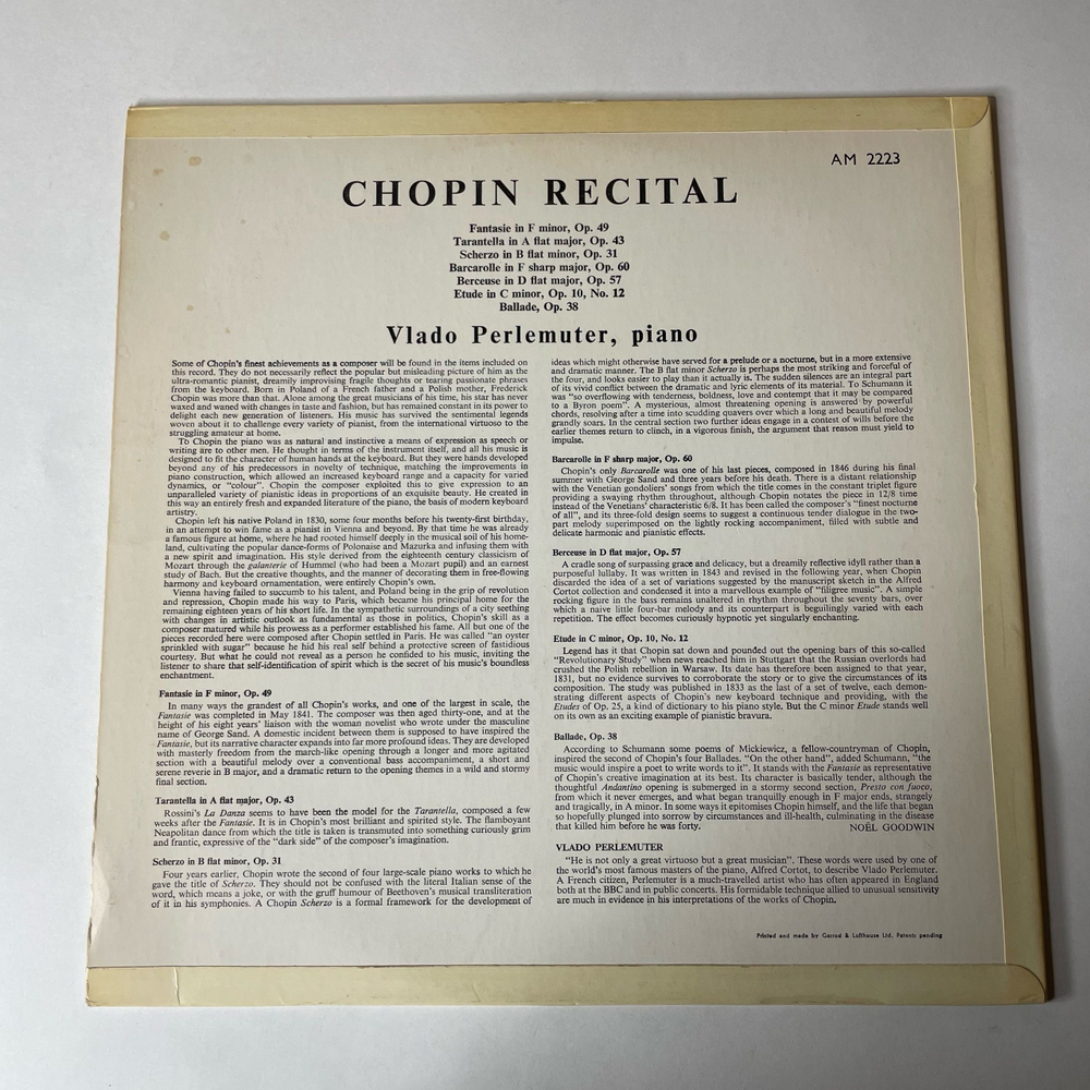Винтажная виниловая пластинка LP Chopin Шопен, Vlado Perlemuter, Chopin Recital (Англия 1962)