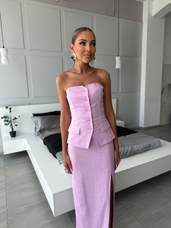 Комплект розовый из жилета-корсета и юбки-макси с разрезом изо льна
