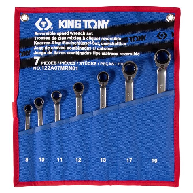 KING TONY (122A07MRN01) Набор комбинированных трещоточных ключей, 8-19 мм, чехол из теторона, 7 предметов