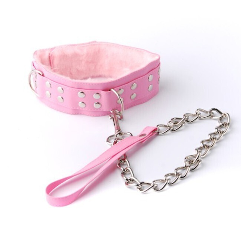 Розовый ошейник с мехом и на поводке (60 см , розовый) (Цвет: розовый)
