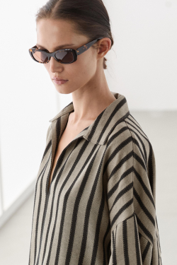 Massimo Dutti Блуза оверсайз в полоску из смесового льна, песочный