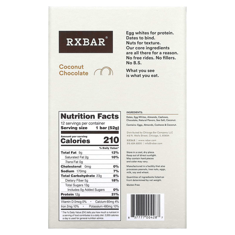 RXBAR, Протеиновый батончик, кокосовый шоколад, 12 батончиков, 52 г (1,83 унции)
