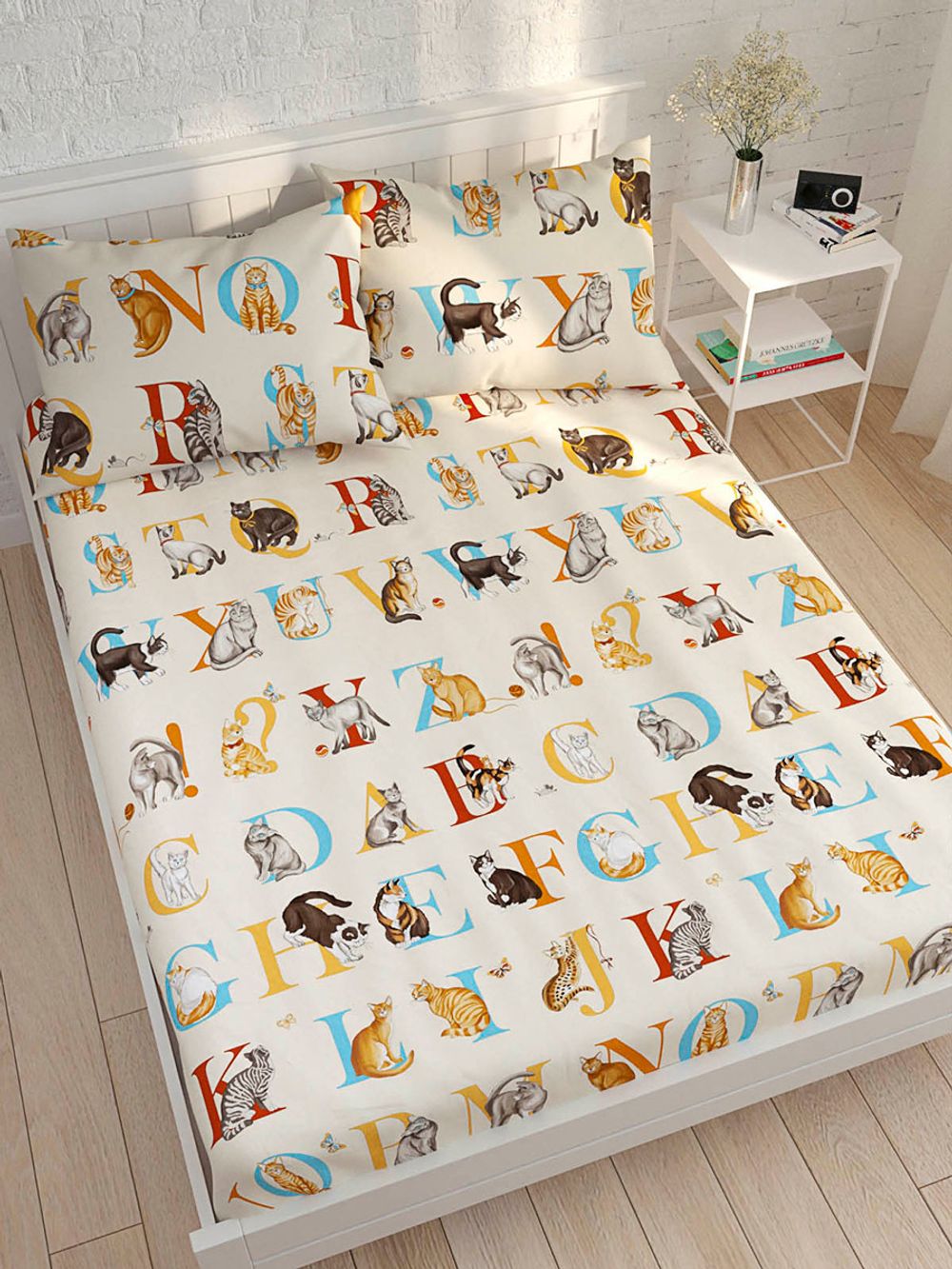 Постельное белье Сказка "Алфавит" 1,5-сп Наволочка 50х70 см 1 шт Простынь на резинке 90х200 см Пододеяльник 145х215 см, перкаль