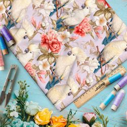 Ткань премиум мембрана белые попугаи в цветах