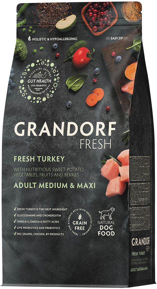 Grandorf Fresh 1кг Holistic Medium&amp;Maxi Turkey&amp;Sweet Potato Сухой корм для собак средних и крупных пород, свежее мясо индейки с бататом