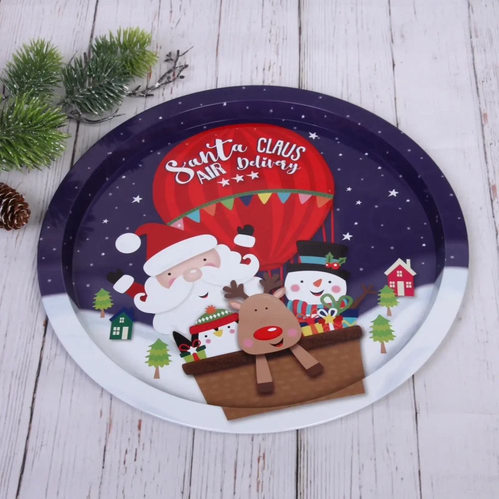 Поднос жестяной 32см «Дед Мороз на воздушном шаре»