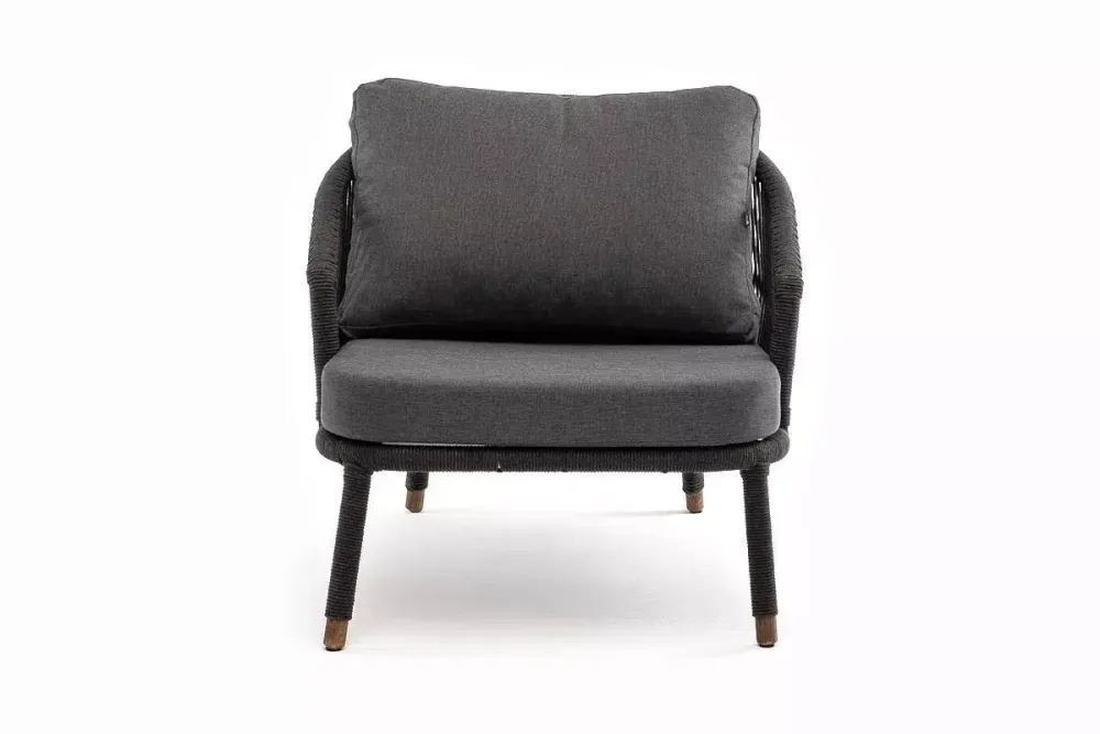 "Верона" кресло плетеное из роупа, каркас алюминий темно-серый (RAL7024) муар, роуп темно-серый круглый, ткань темно-серая 027