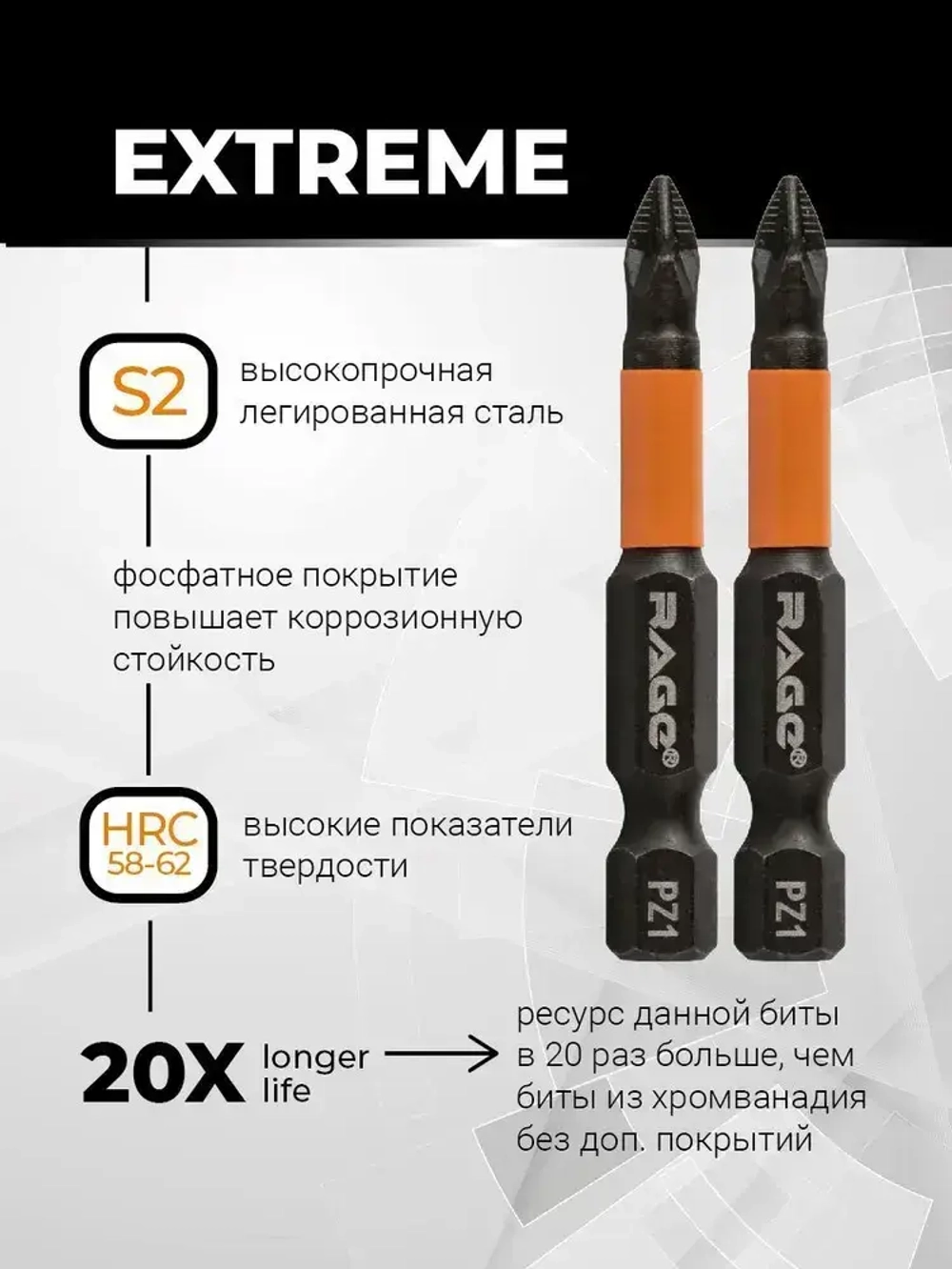 Биты магнитные S2 PZ1 x 50 мм 2 шт RAGE by VIRA