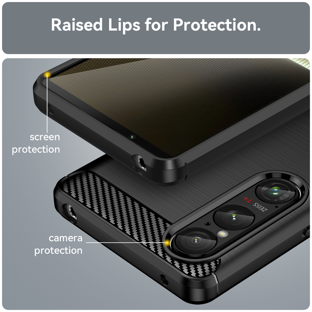 Чехол черного цвета на Sony Xperia 1 VI (1-6), мягкий отклик кнопок, серия Carbon (с дизайном под карбон) от Caseport